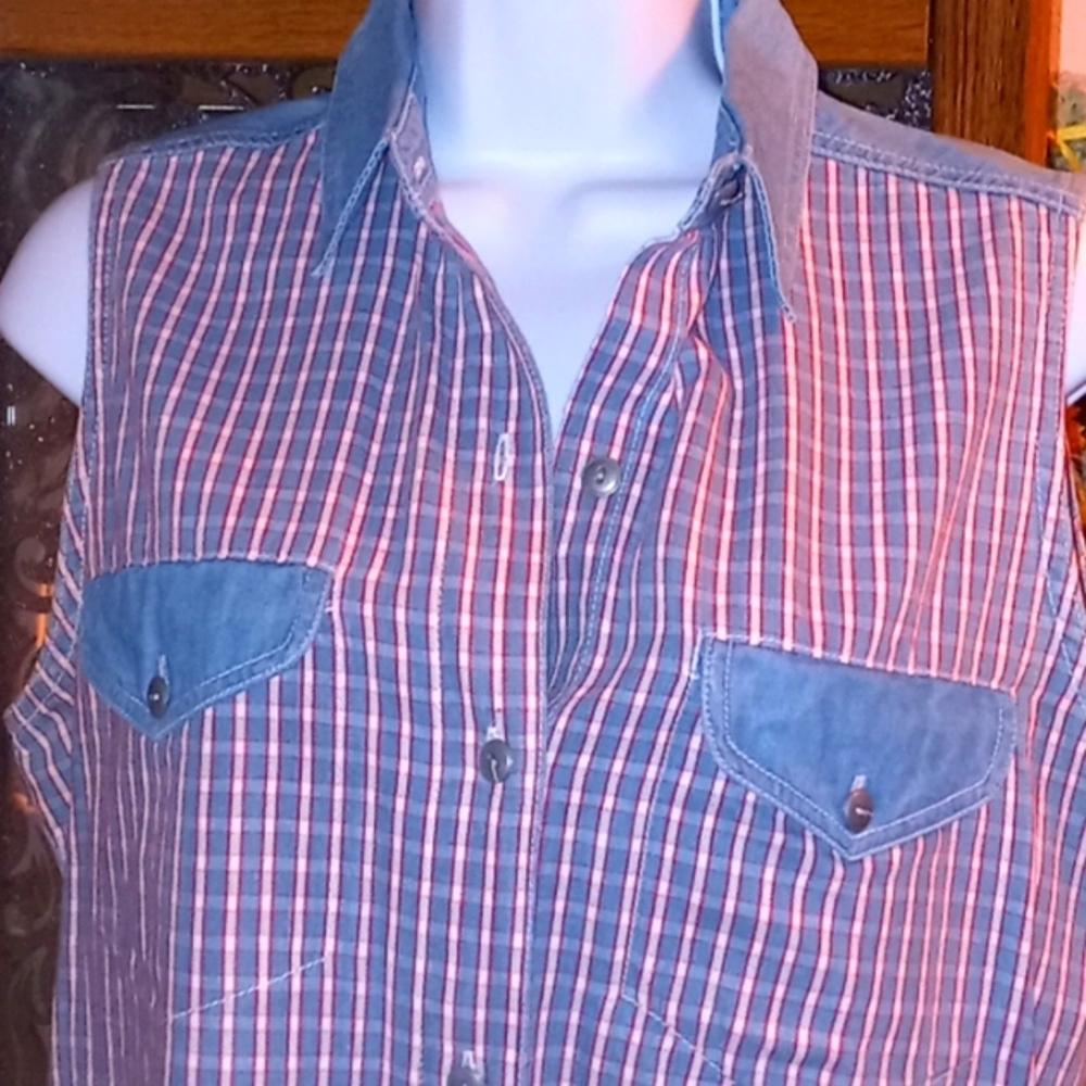 Vintage 80's,Red,White & Blue, Striped,Plaid,Denim,Button-Down, Sleeveless Top💙